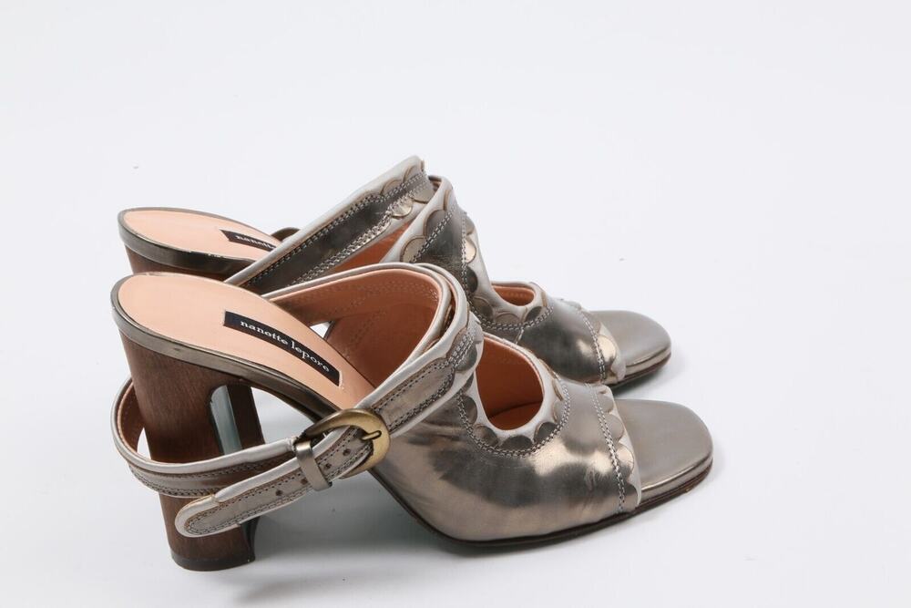 Nanette Lepore Silver Metallic Scalloped Ankle Strap Block Heel Sandals Size 6B